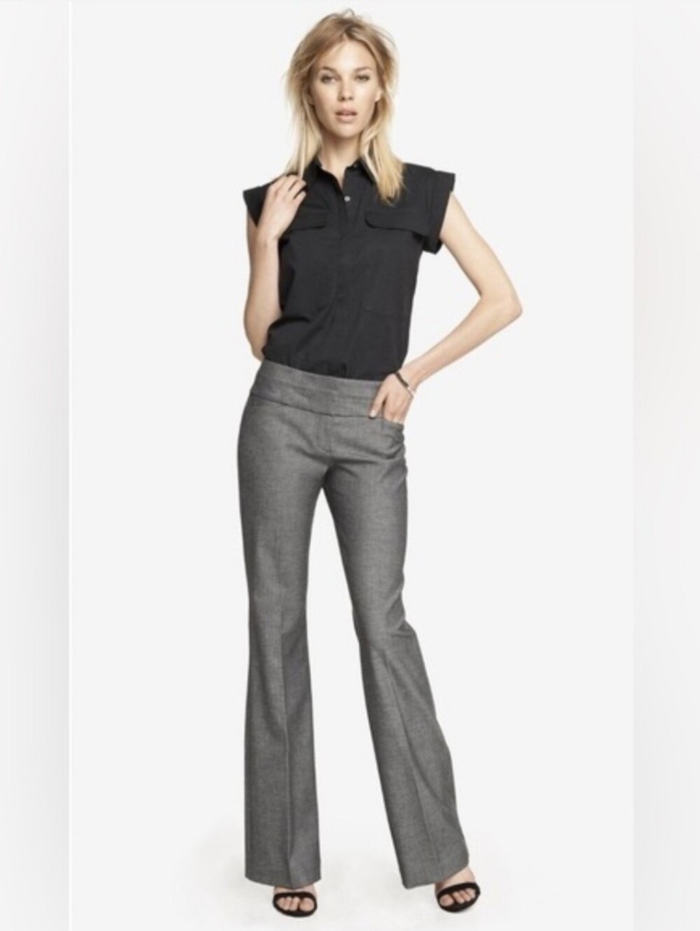 Express Editor Flare Pants Women’s Gray Stretch Wide Waistband Career Sz 4